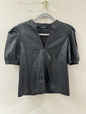 Steve Madden Jane Puff Sleeve Faux Leather Split Neck Top in Black